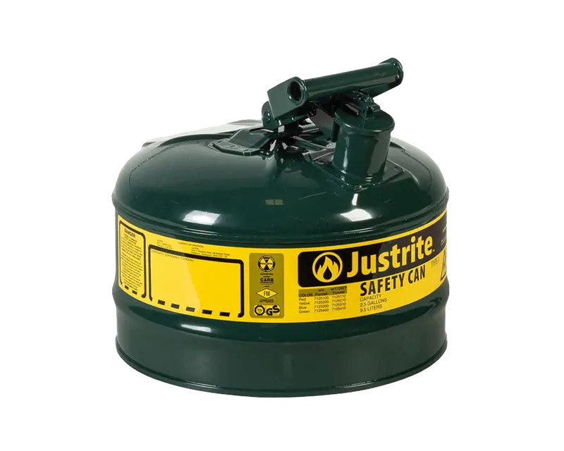 Justrite 2.5-Gallon Type I Green Oil Safety Can – Flame Arrester Design 1