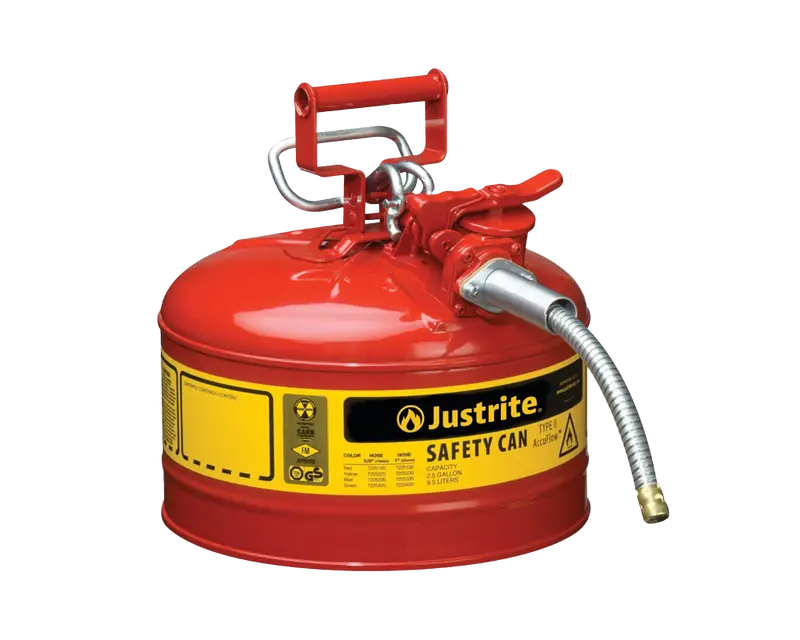Justrite 2.5-Gallon Type Ii Red Flammable Liquid Safety Can – Accuflow™ Metal Hose (5/8") 1