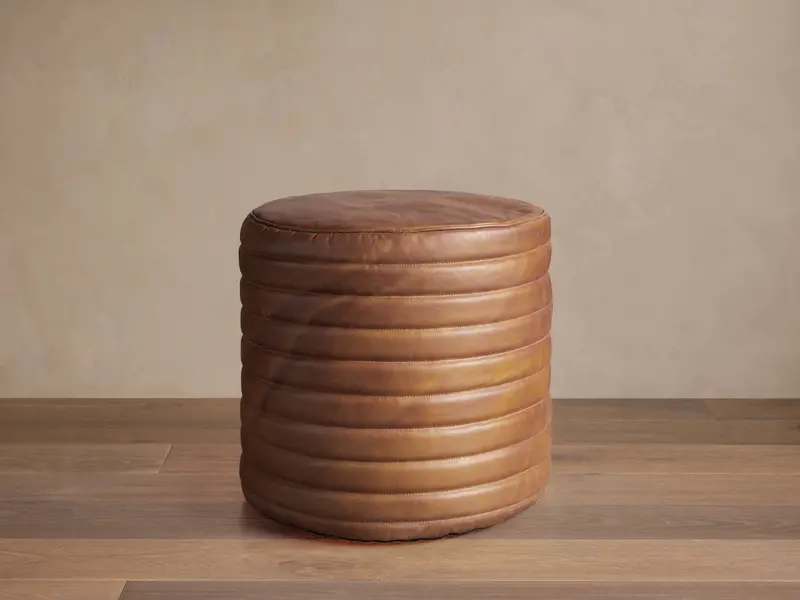 Round Channel-Quilted Leather Pouf 1