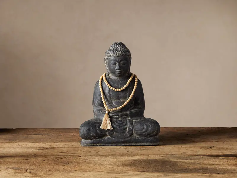 Seated Buddha Statue With Wooden Beads 1