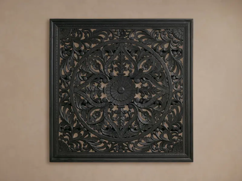 Sukho Grand Carved Arch Panel – Ornate Black Wood Wall Feature 1