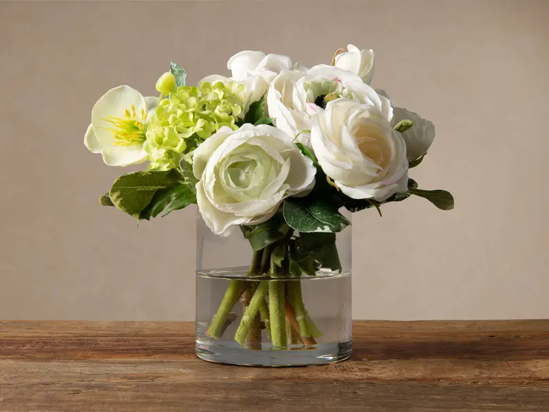 Vase Arrangement Of Realistic Ranunculus And Rose Blooms 1